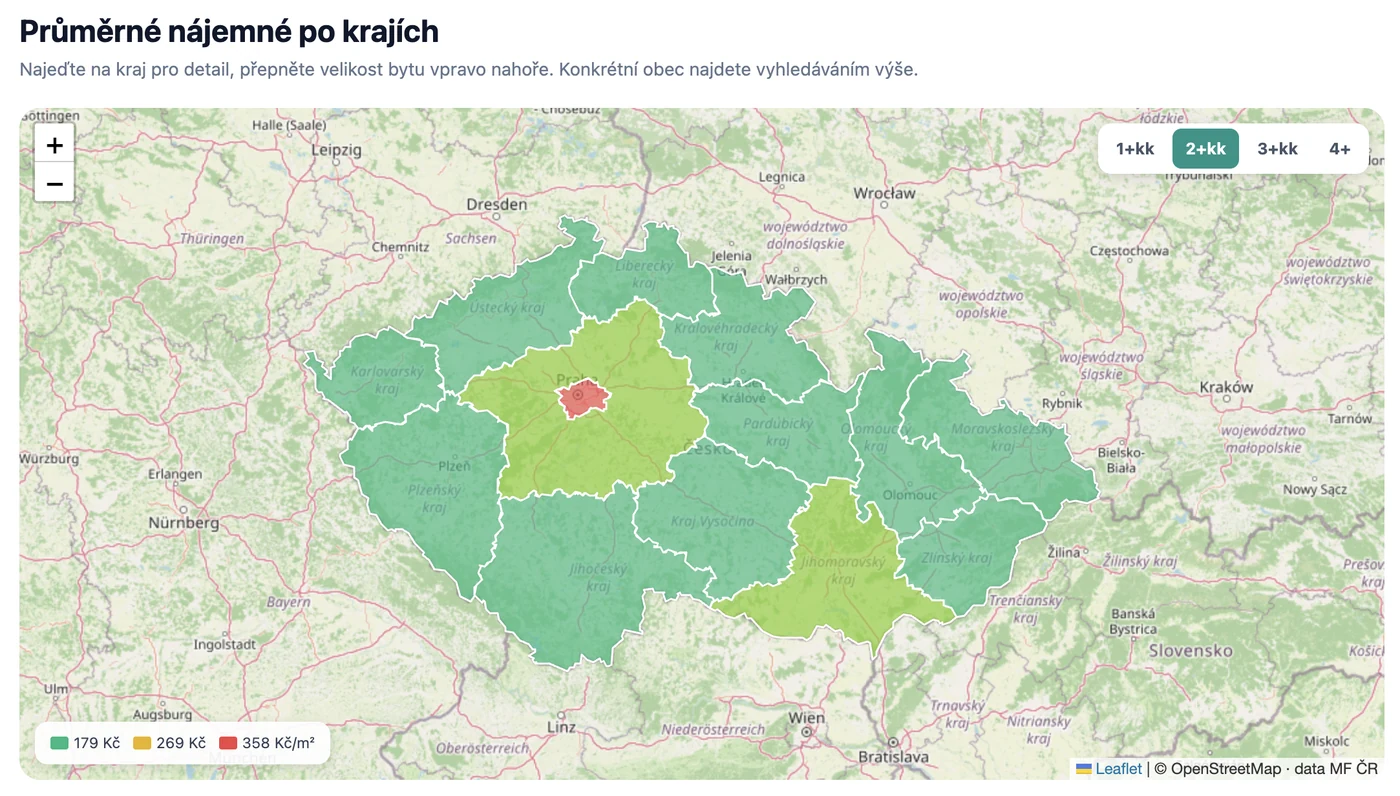 Interaktivní cenová mapa nájemného ČR po krajích na RealFree.cz