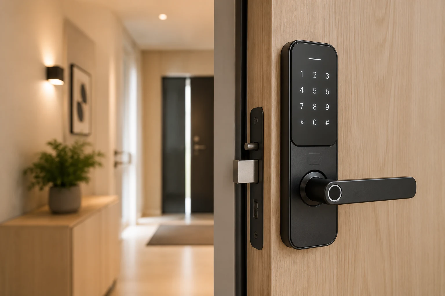 Chytrý zámek smart lock na vchodových dveřích bytu - moderní zabezpečení s otevíráním přes telefon a kódem
