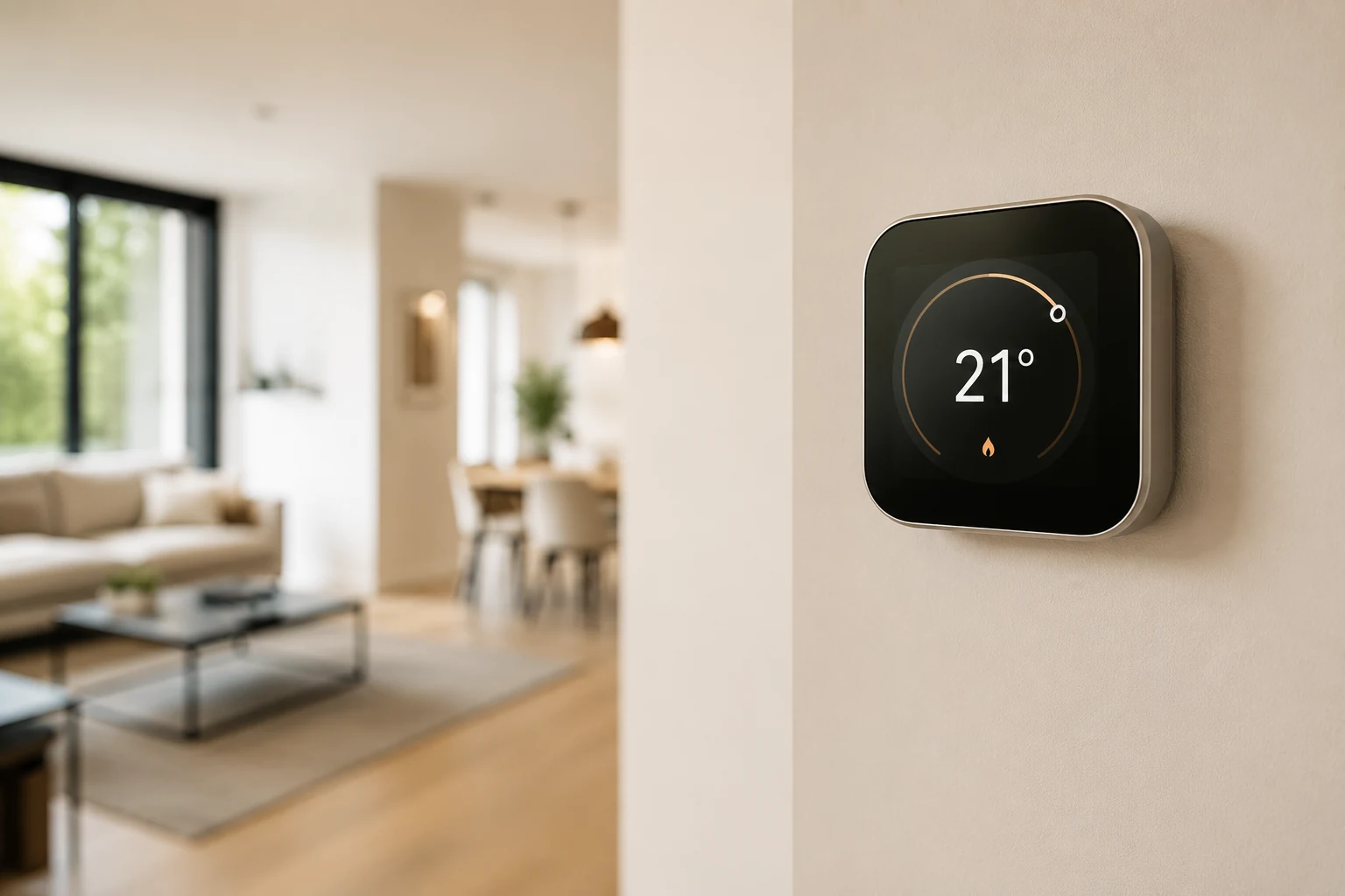 Chytrý termostat na zdi rodinného domu zobrazující aktuální teplotu 21 stupňů, moderní design, ovládání přes mobilní aplikaci