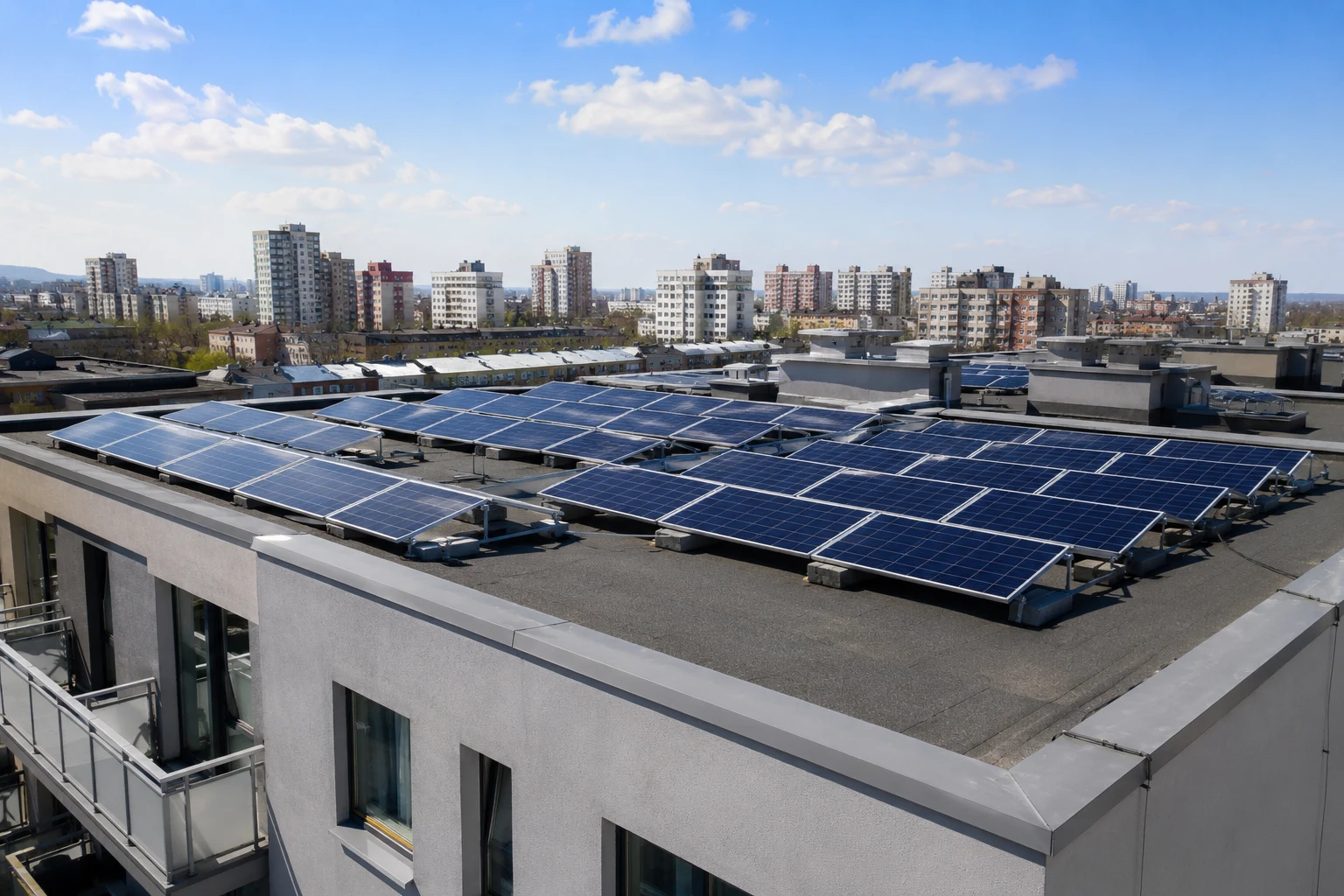Fotovoltaické panely na střeše panelového domu