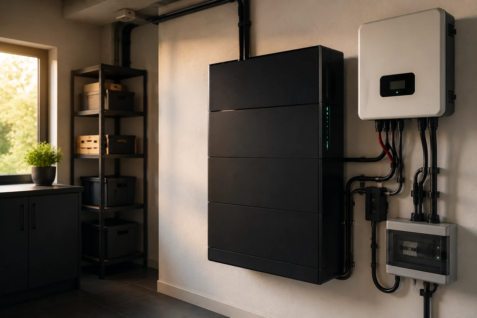 Bateriové úložiště fotovoltaiky v technické místnosti rodinného domu, lithium baterie 10 kWh