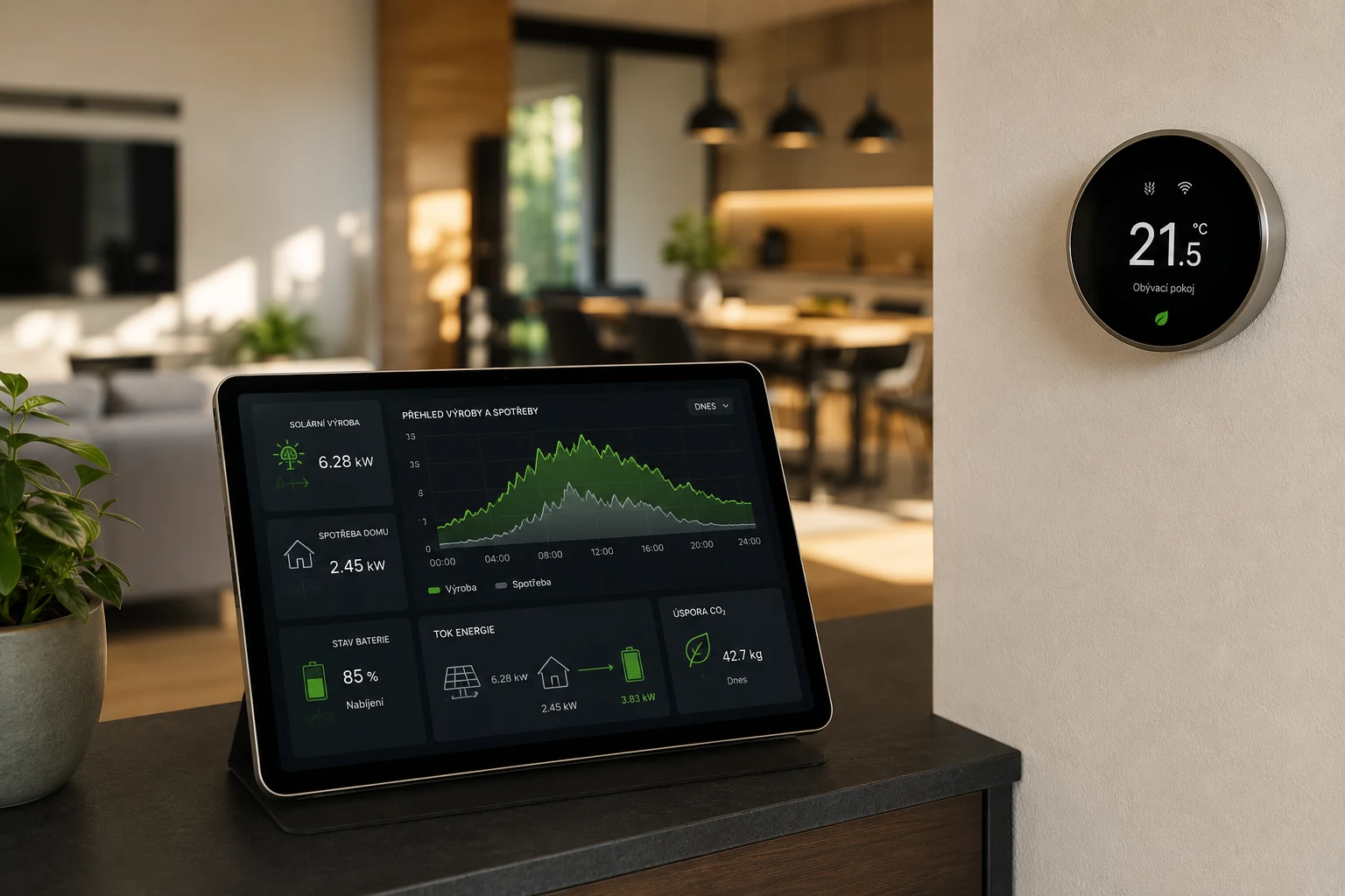 Energetický manažer s dashboardem fotovoltaiky, monitoring výroby a spotřeby v reálném čase