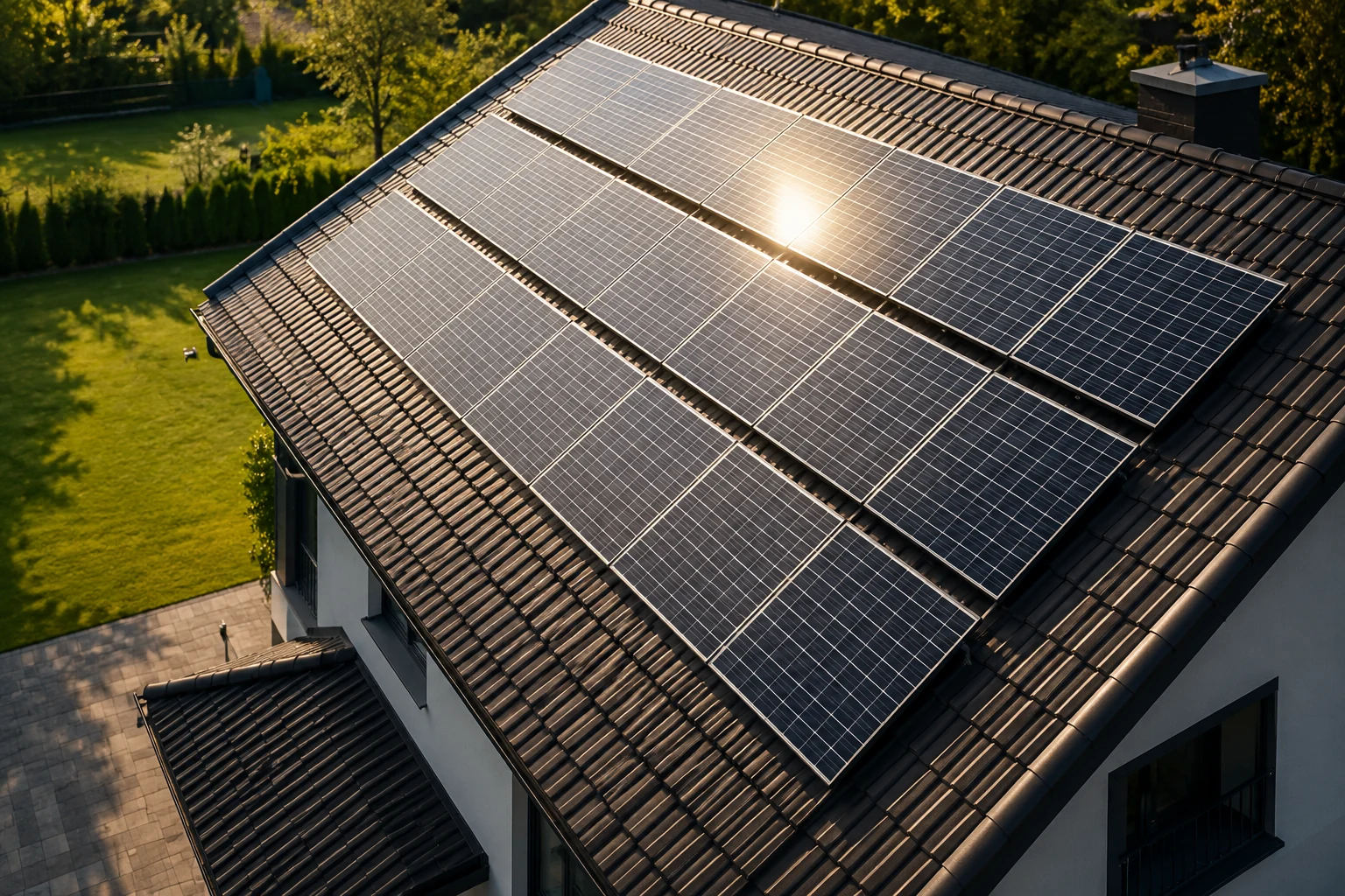 Fotovoltaické panely na střeše rodinného domu, jihočeská orientace, optimální sklon 35 stupňů