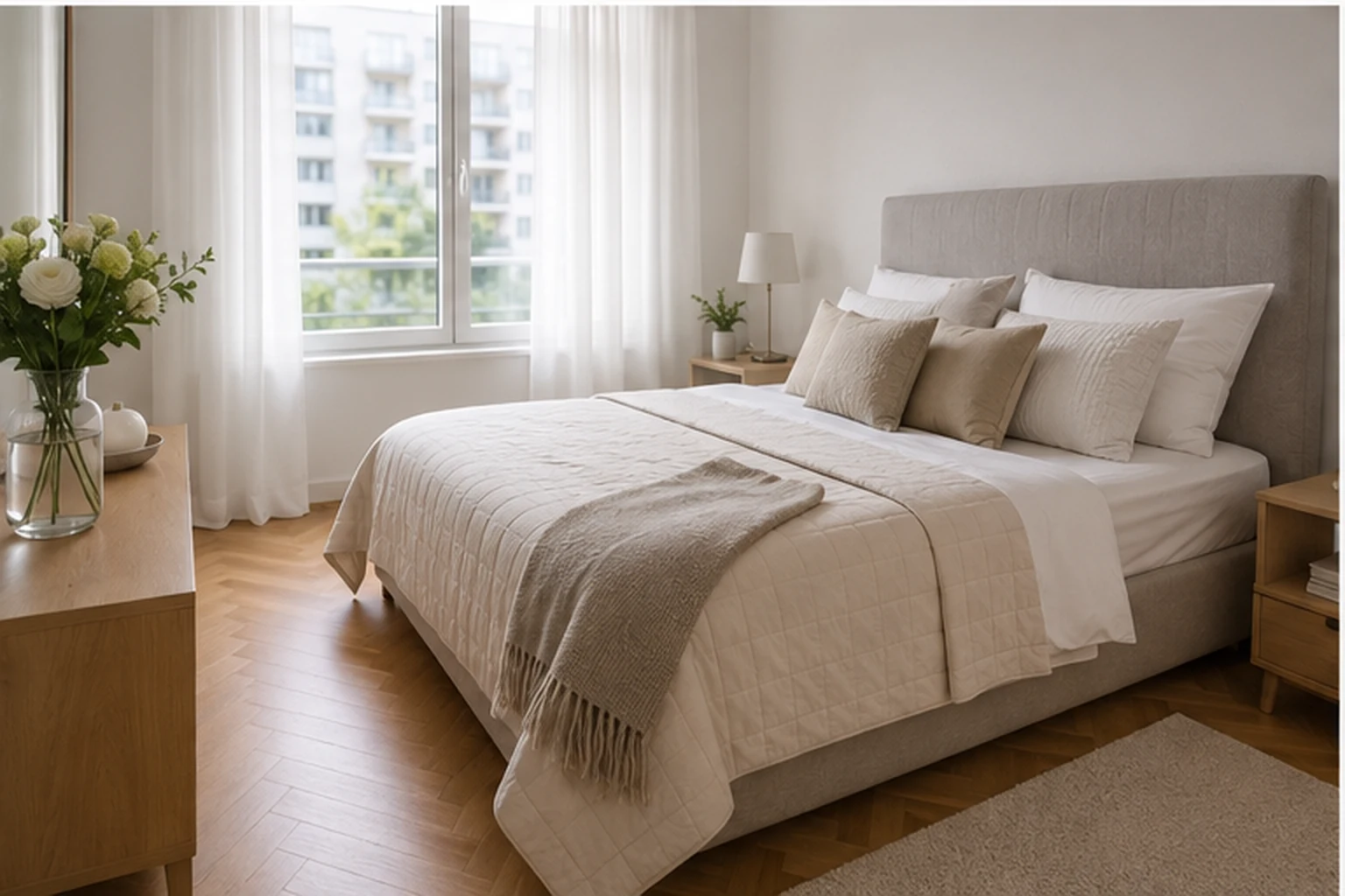 Home staging před prodejem bytu 2026 — světlá moderní ložnice po stagingu s polstary, čerstvými květinami a sluncem z okna
