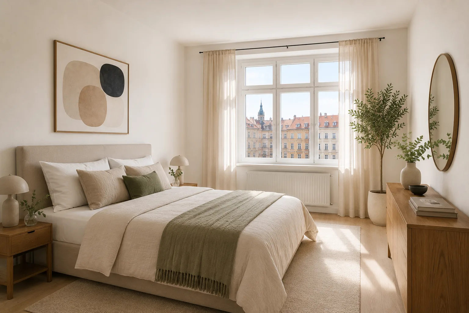 Profesionálně připravená ložnice po home stagingu — bílé povlečení, olivově zelený pléd, dva dřevěné noční stolky s lampami, minimalistický abstraktní obraz, velká rostlina, lněné záclony, denní světlo