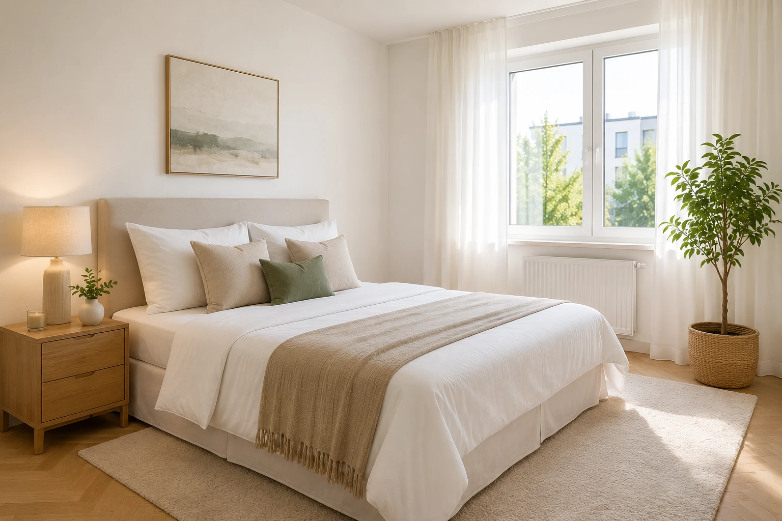 Ložnice připravená k prodeji — hotelově ustlaná postel, home staging