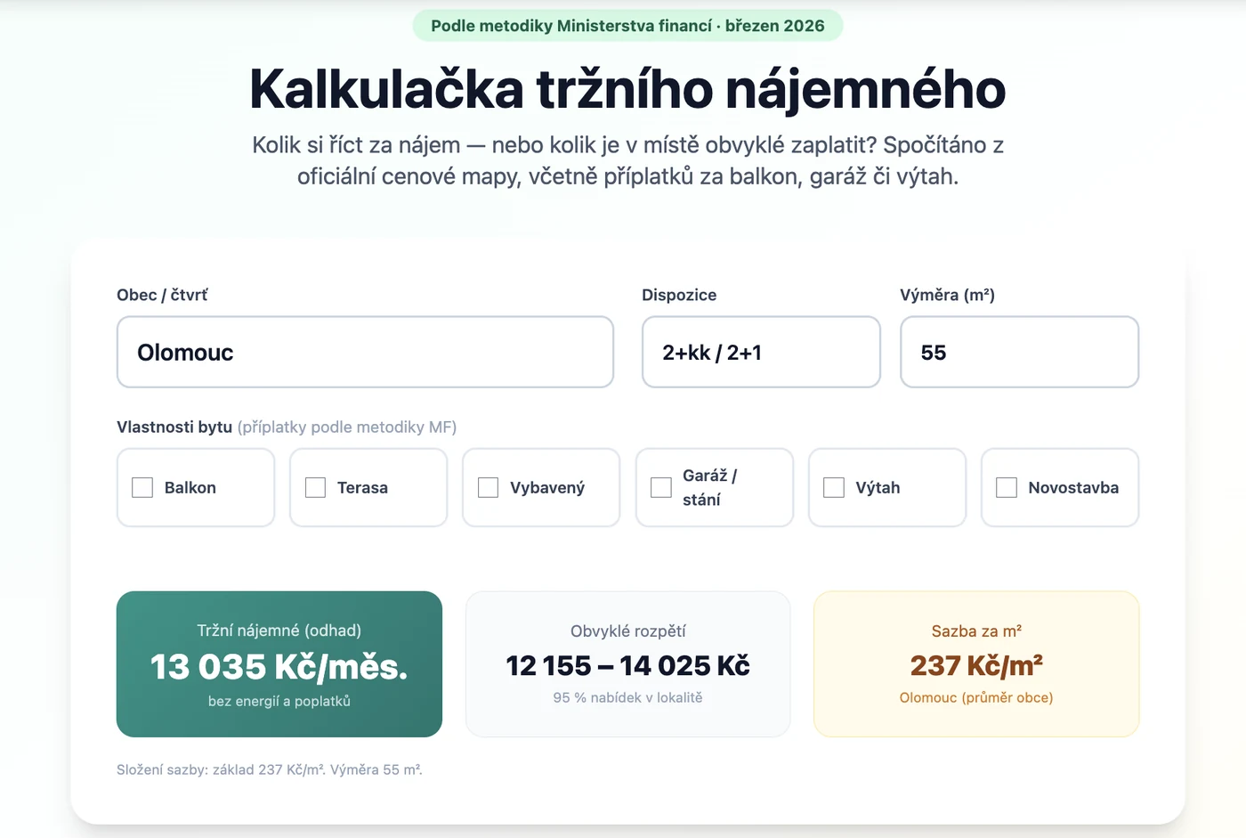 Kalkulačka tržního nájemného — příklad výpočtu pro byt 3+kk v Olomouci