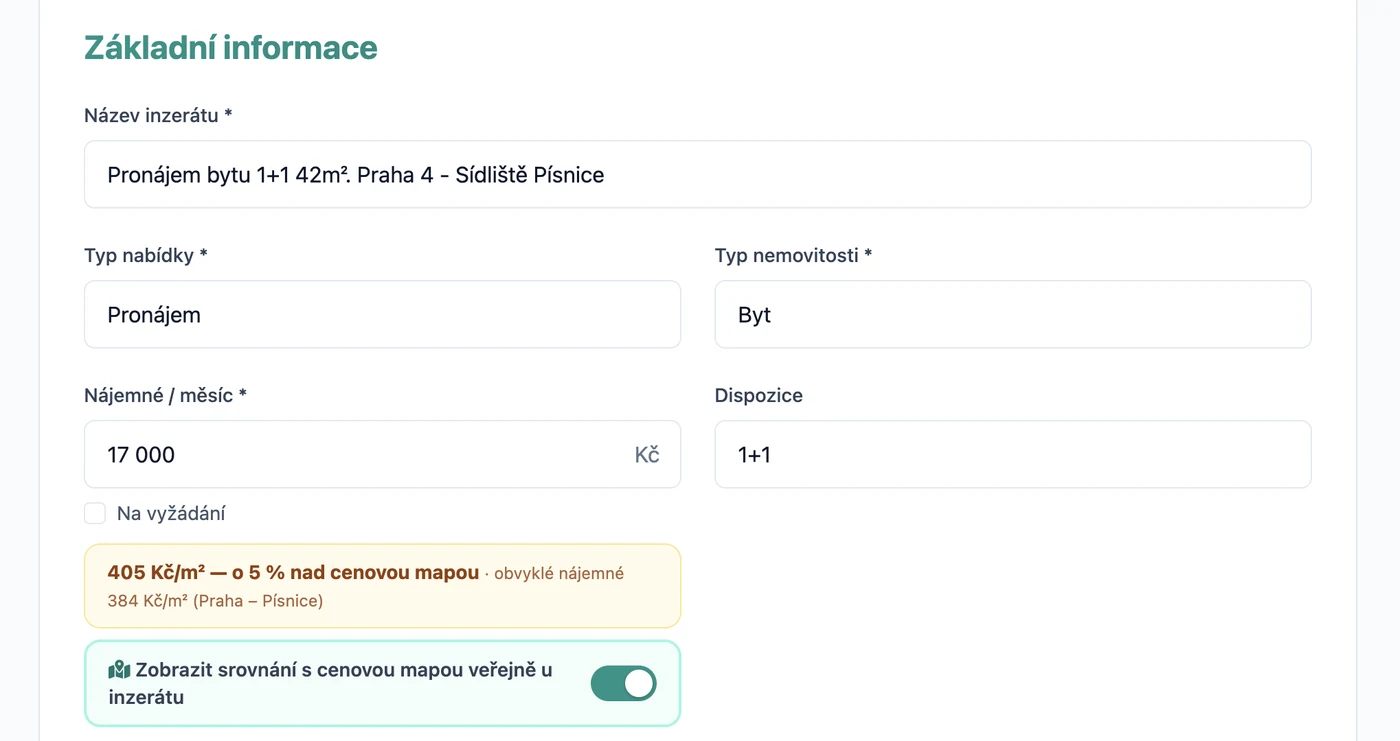 Přepínač srovnání s cenovou mapou v editaci inzerátu u pole s cenou