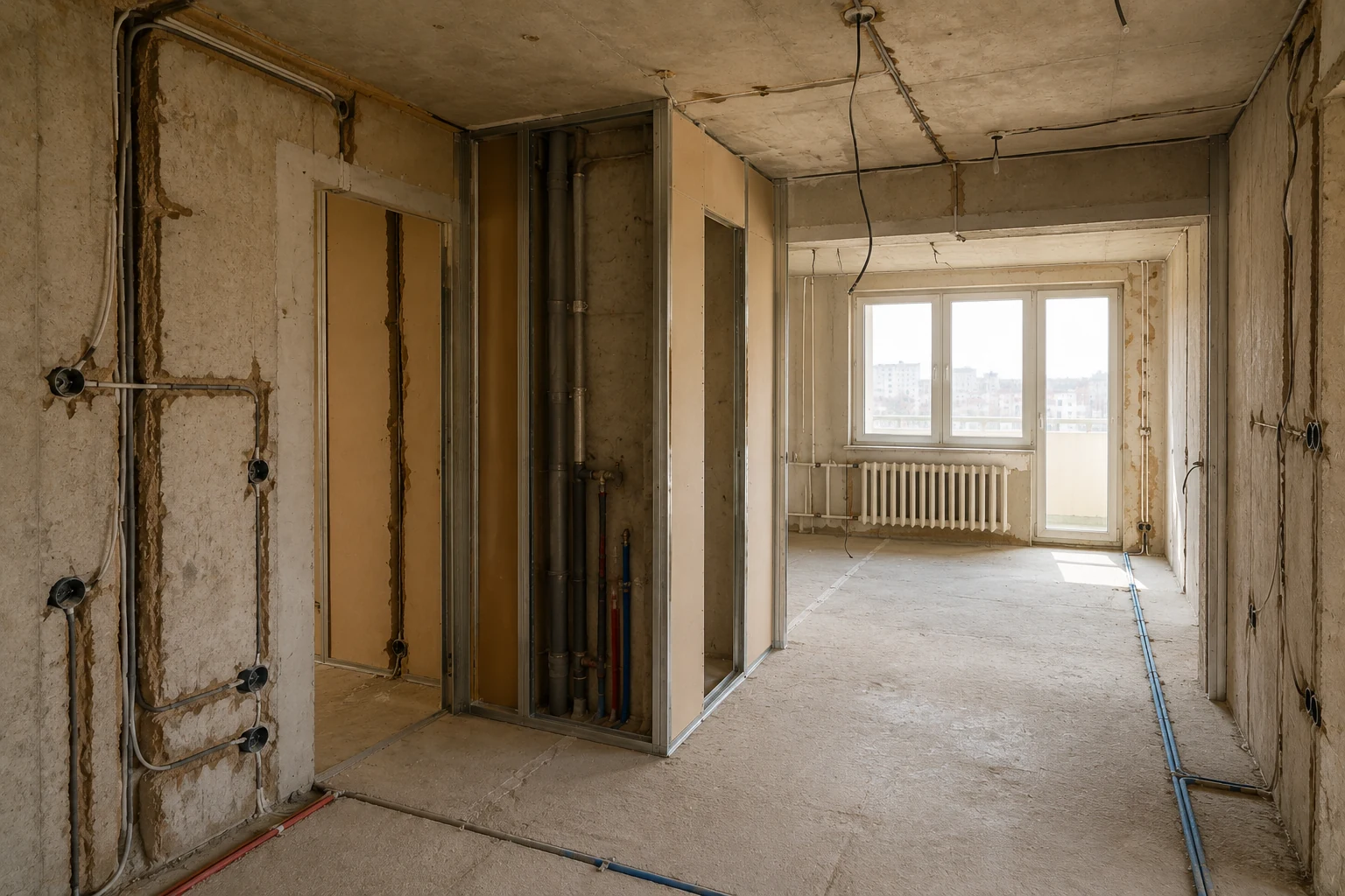 Bouračka panelového bytu - nové rozvody vody elektro a odpadu, drážky v betonu, sádrokartonové konstrukce