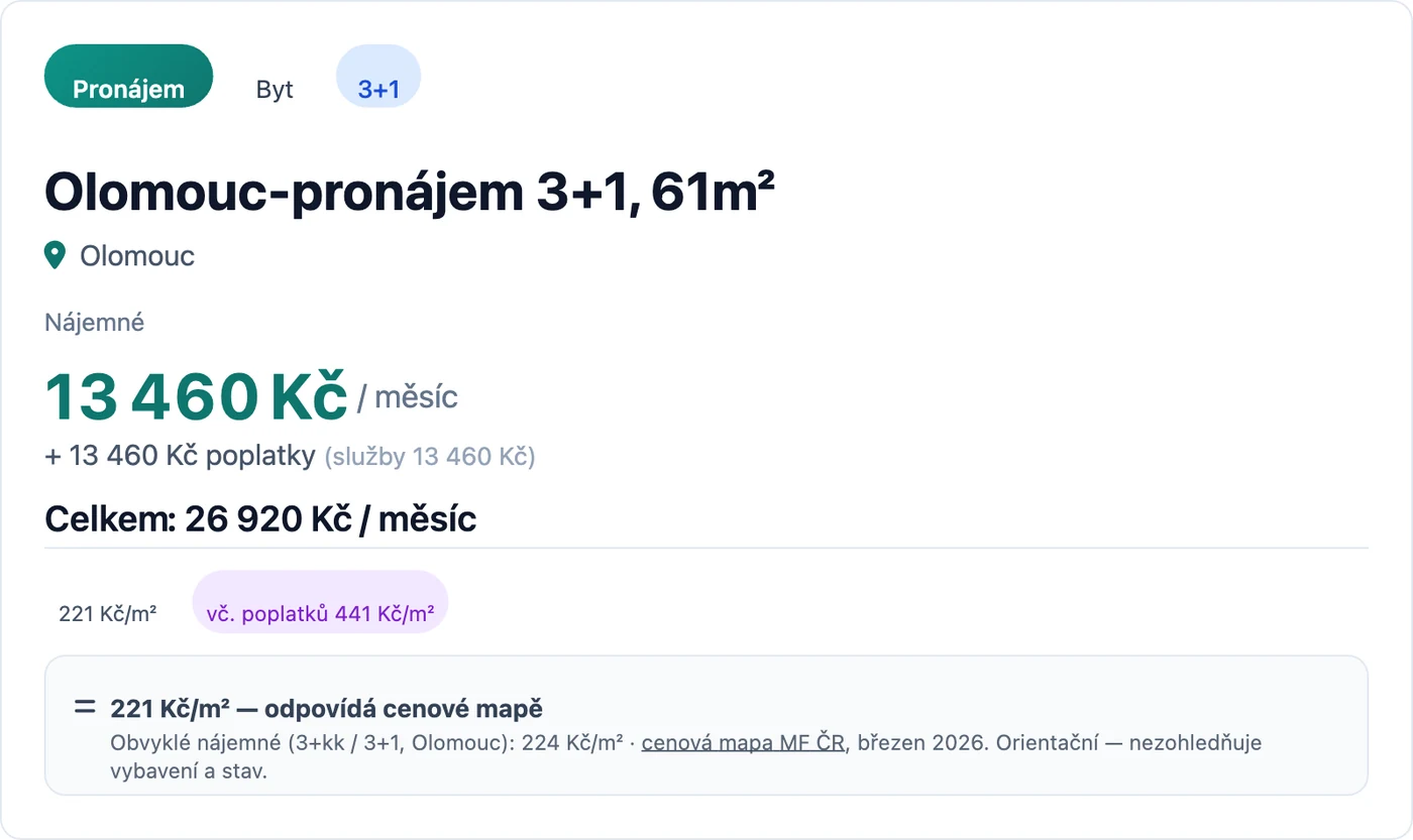 Srovnání nájmu s cenovou mapou MF na detailu inzerátu RealFree