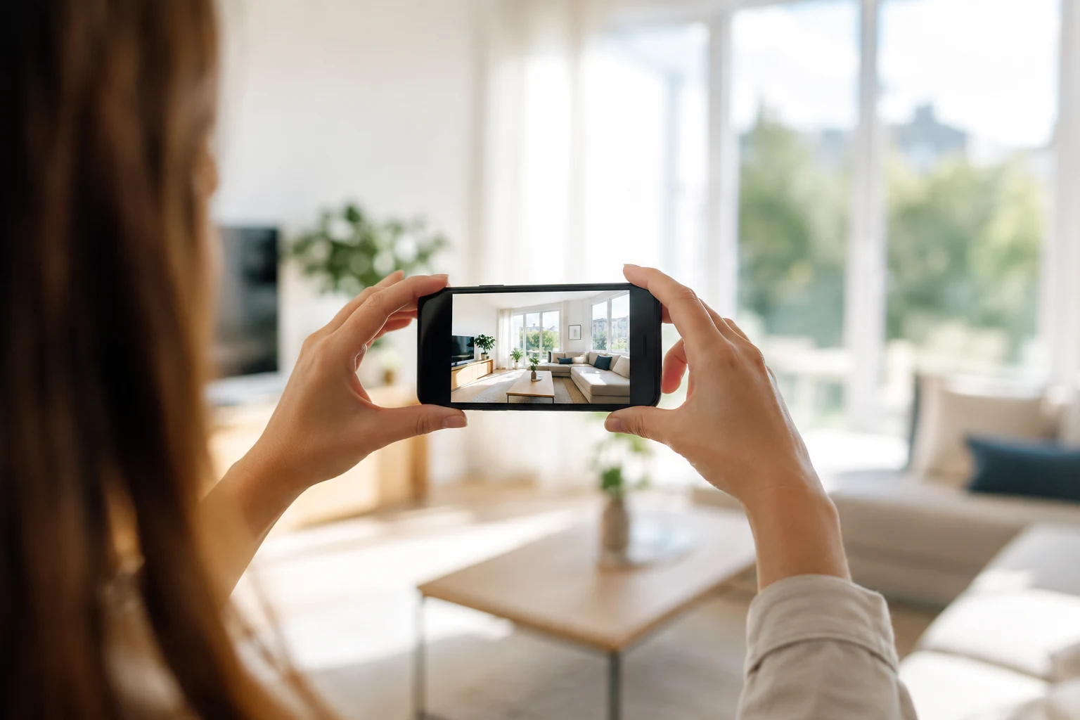 Focení bytu telefonem pro realitní inzerát — světlý obývací pokoj