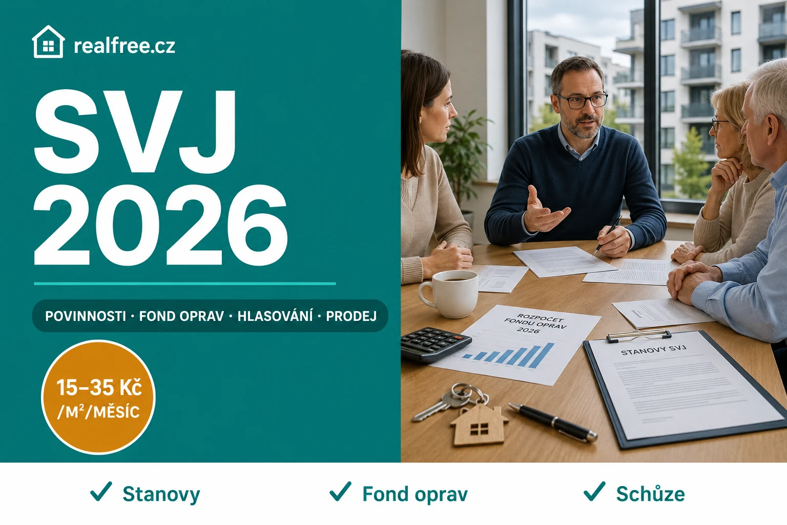 SVJ 2026 — shromáždění společenství vlastníků jednotek, papíry, kalkulačka, klíče a rozmazaný panelák v pozadí, blogová pillar stránka RealFree.cz