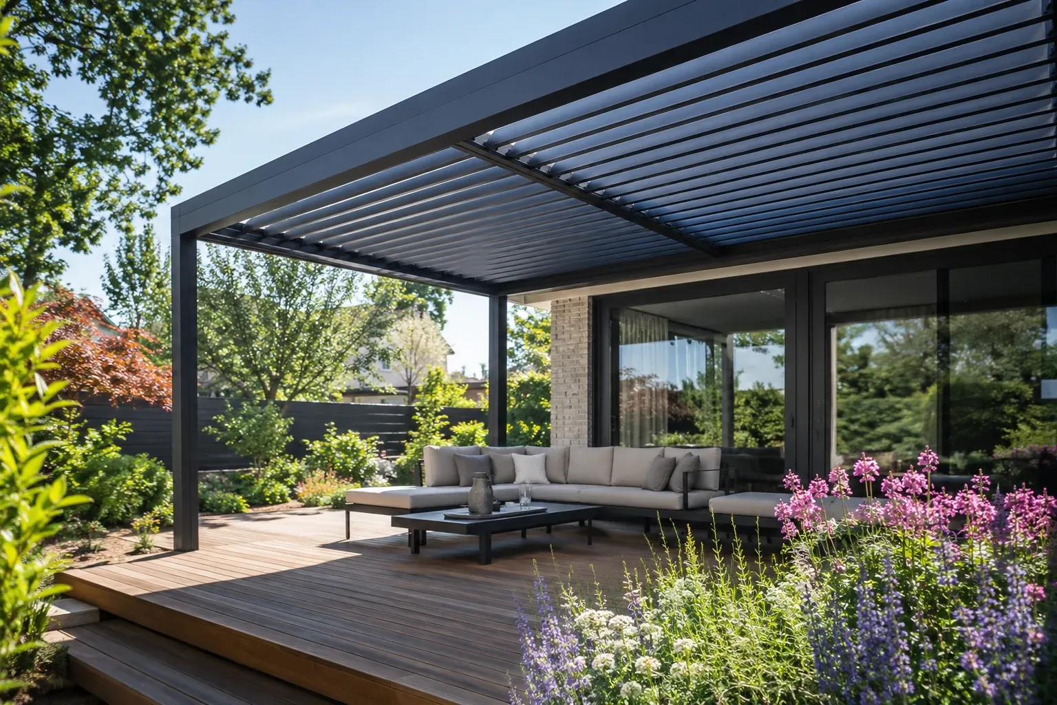 Pergola nad terasou u rodinného domu se stínem a posezením