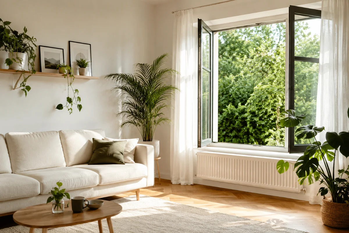 Větraný světlý interiér bytu s otevřeným oknem, zdravé vnitřní prostředí bez vlhkosti a plísně