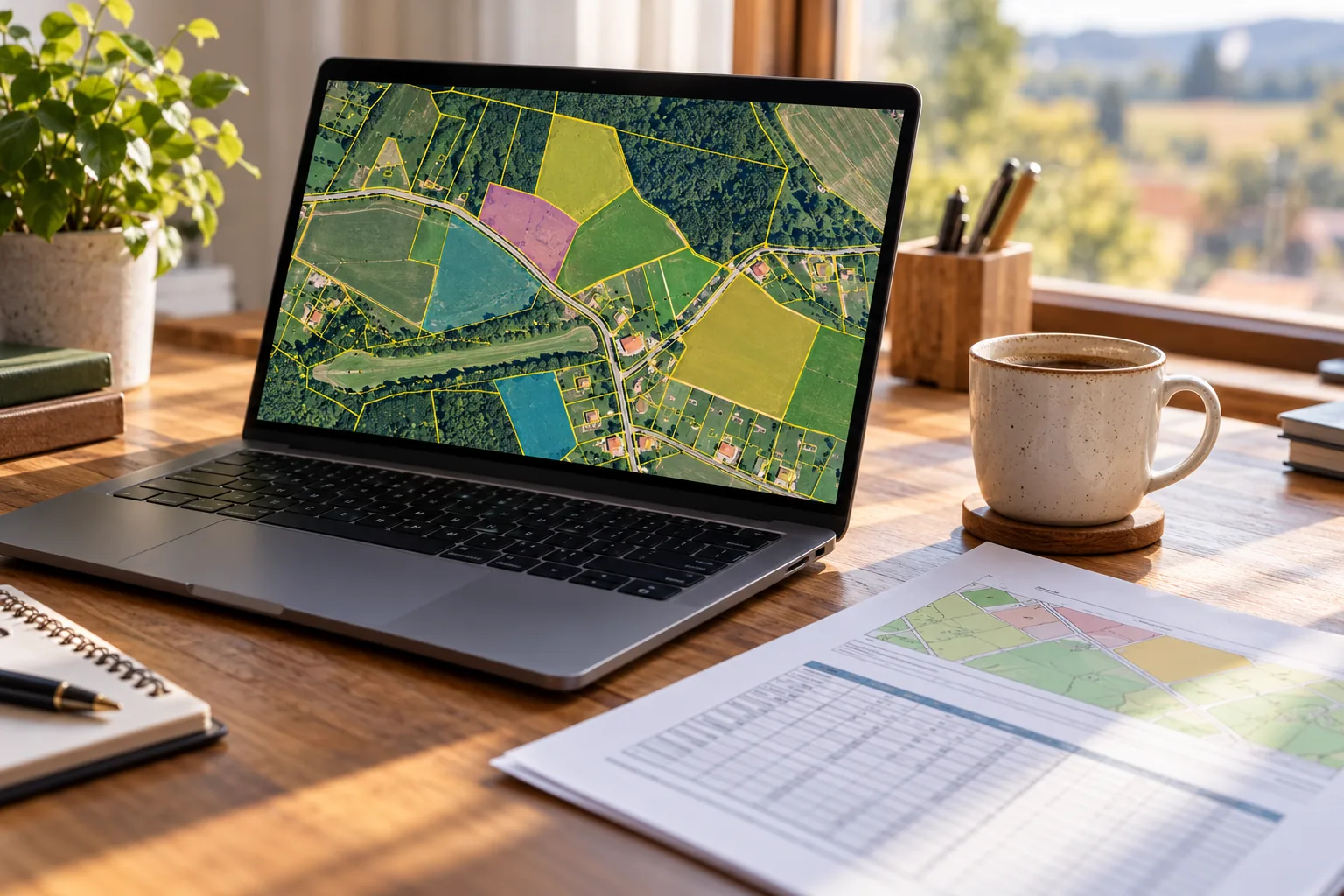 Nahlížení do katastru nemovitostí online na notebooku s katastrální mapou a listem vlastnictví