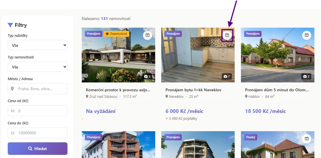 Tlačítko pro přidání nemovitosti do porovnání v rohu každého inzerátu