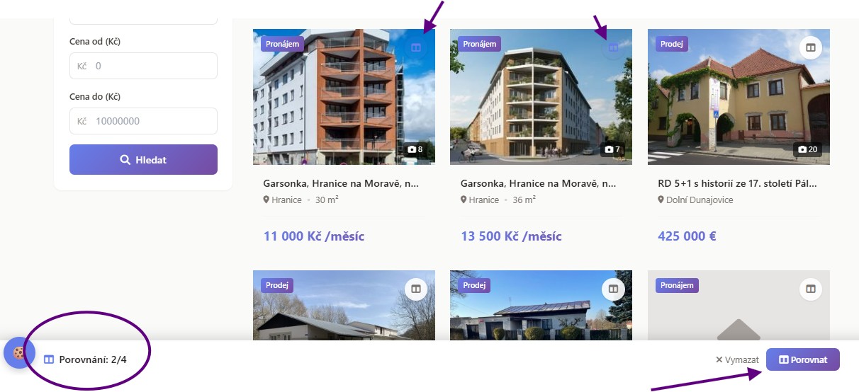 Zvýrazněné vybrané nemovitosti a plovoucí lišta porovnání