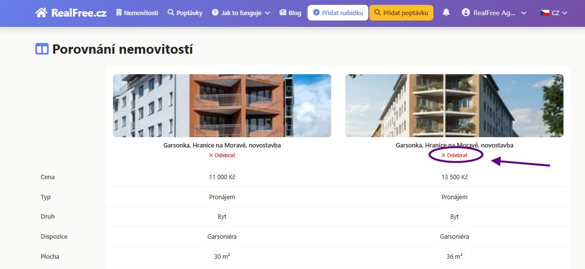 Porovnávací tabulka nemovitostí vedle sebe