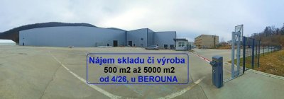 Nájem skladu či výroba, 500 m2 až 5000 m2 od 4/26, u BEROUNA (D5)